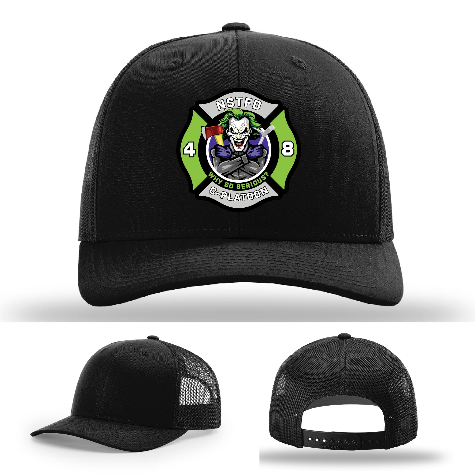 Custom North Strabane firefighter hat with leather patch design