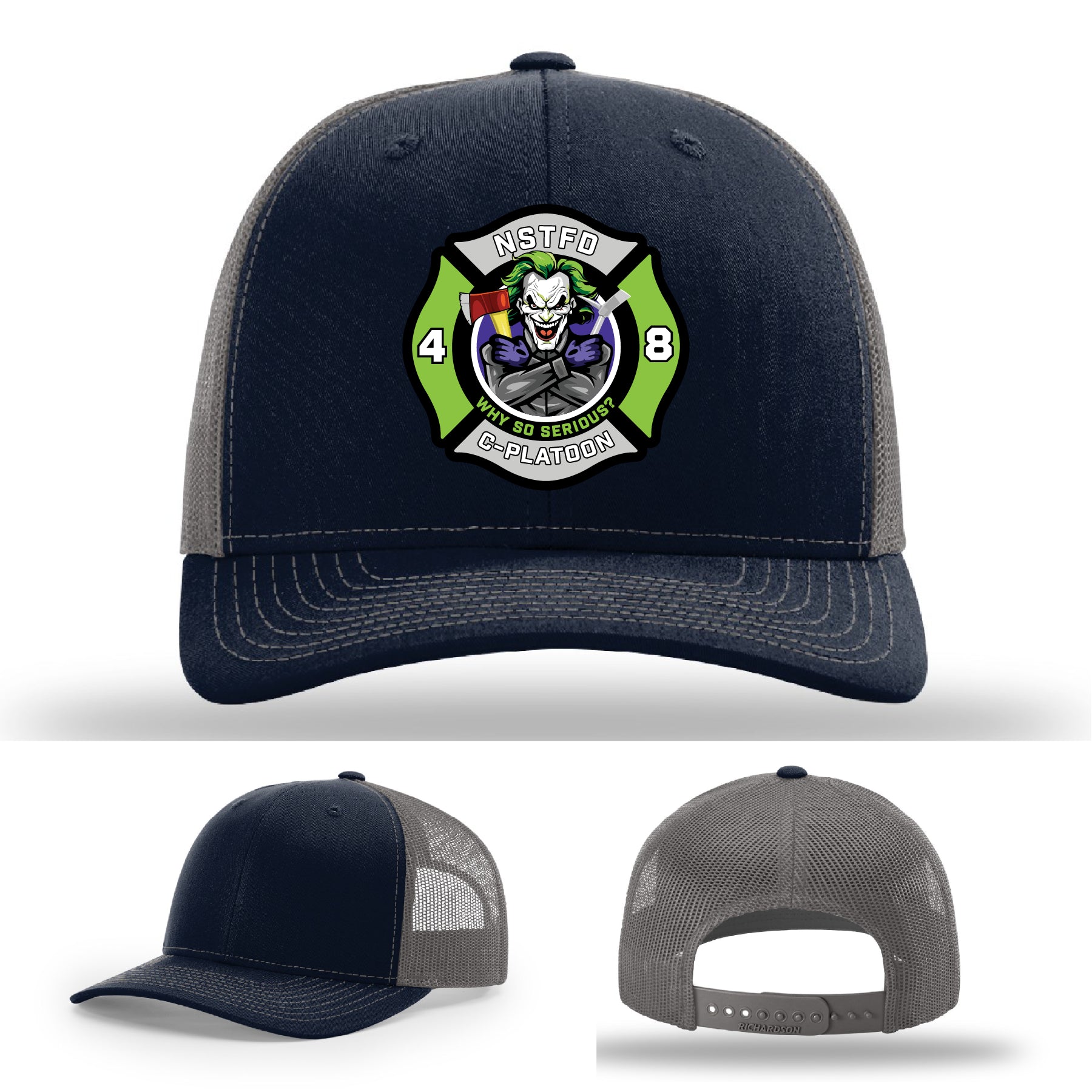 Custom leather patch hat with North Strabane joker art