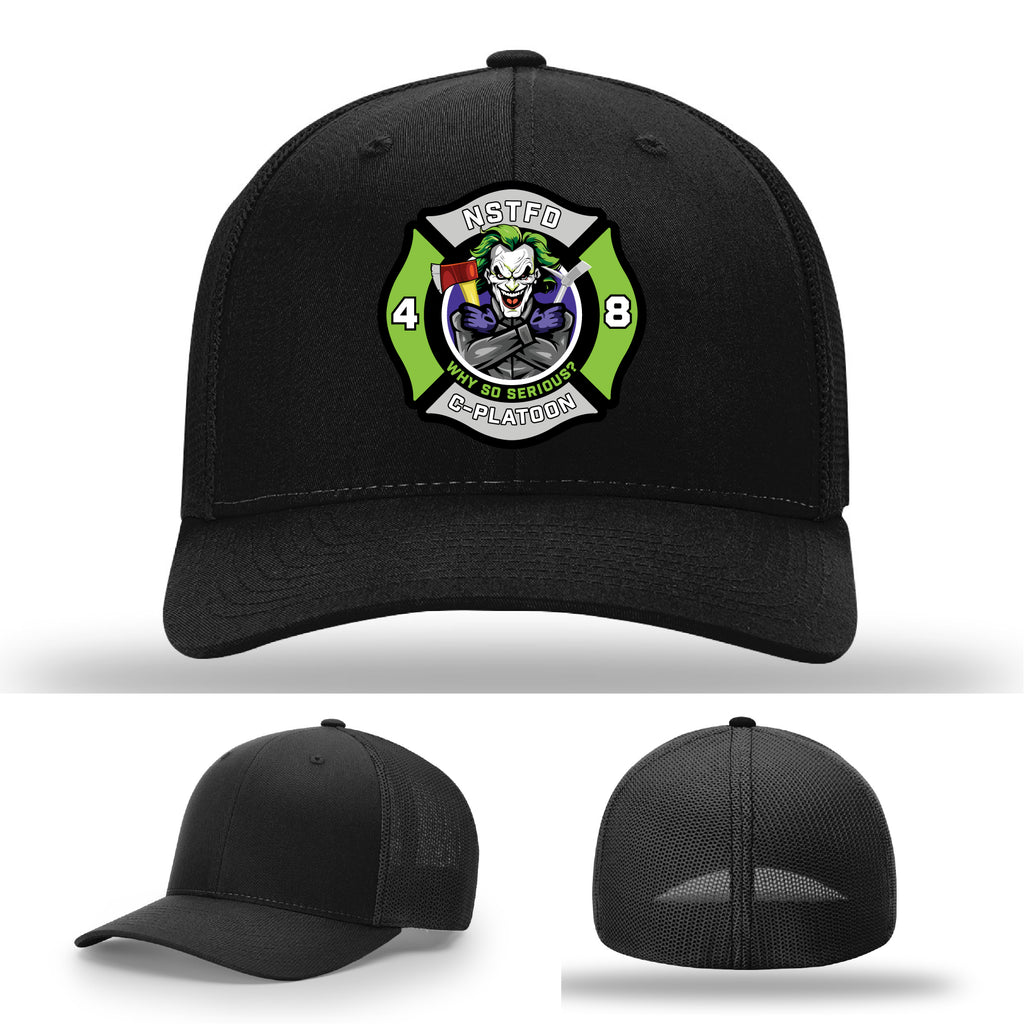 NSTFD firefighter hat featuring joker inspired patch