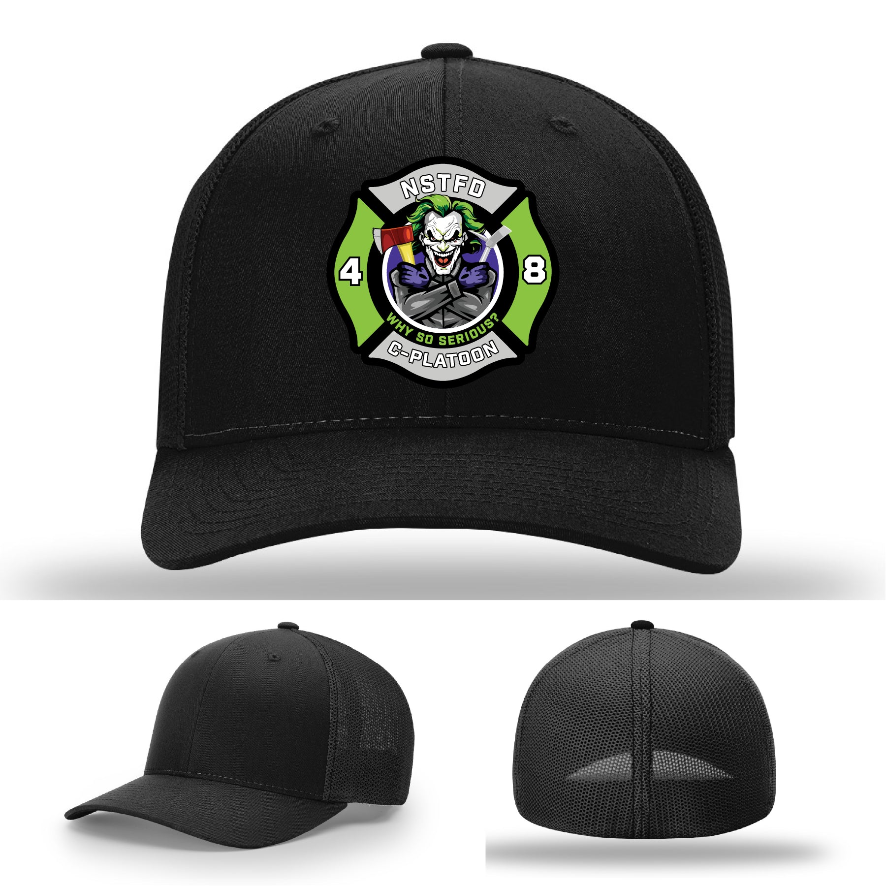 NSTFD firefighter hat featuring joker inspired patch