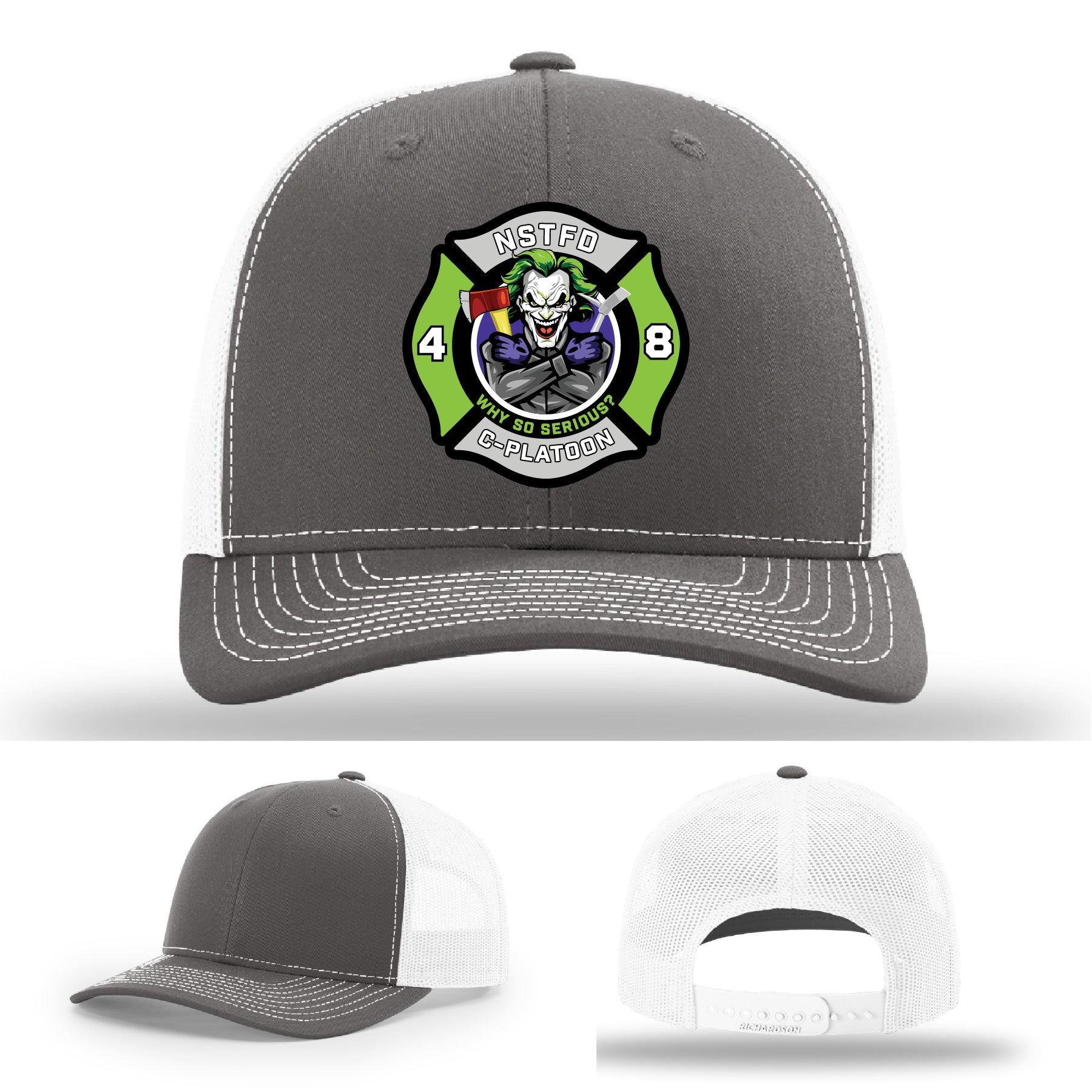 North Strabane leather patch hat with joker inspired art