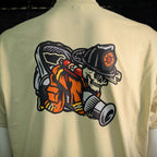 Nozzle Cowboy Firefighter Skull Hose Tee with bold full back skull and nozzle artwork and Maltese chest print