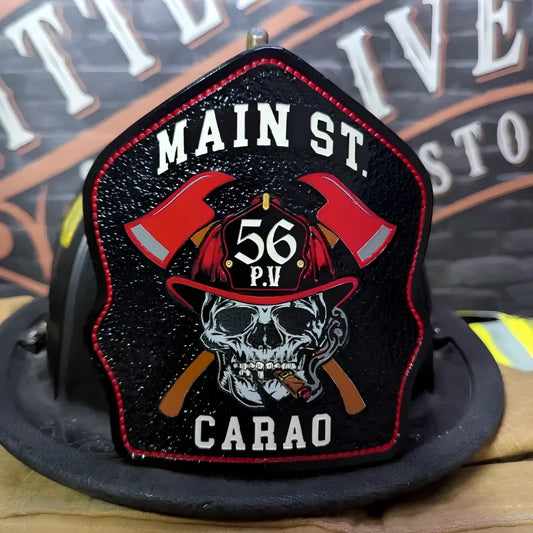 Hand painted leather firefighter helmet shield featuring Ole Salty artwork
