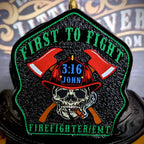 Leather firefighter helmet shield with skull motif and crossed axes
