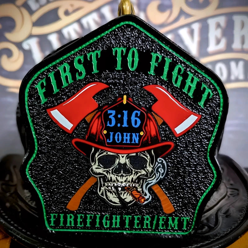 Leather firefighter helmet shield with skull motif and crossed axes