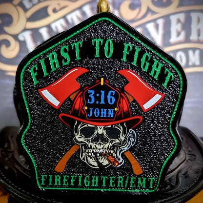 Leather firefighter helmet shield with skull motif and crossed axes