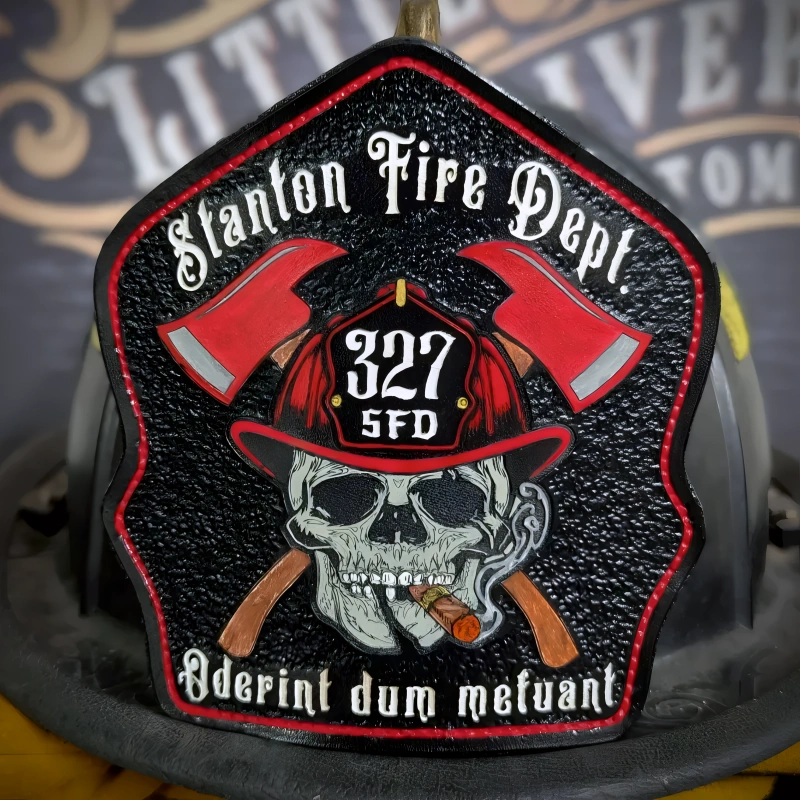 Custom Ole Salty leather firefighter helmet shield built tough for traditional fire service use