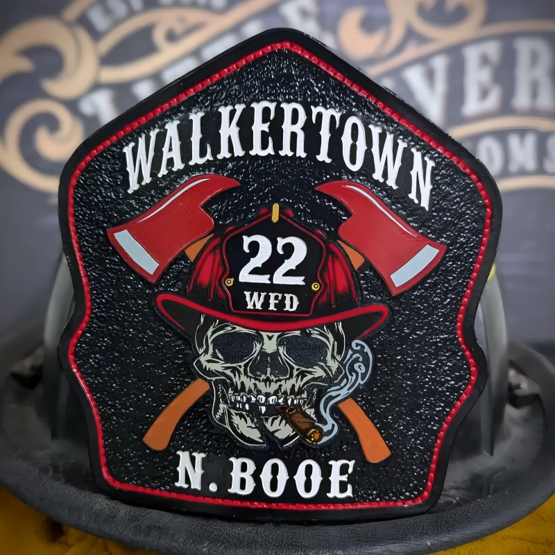 Handcrafted firefighter helmet shield in leather featuring bold Ole Salty firehouse style