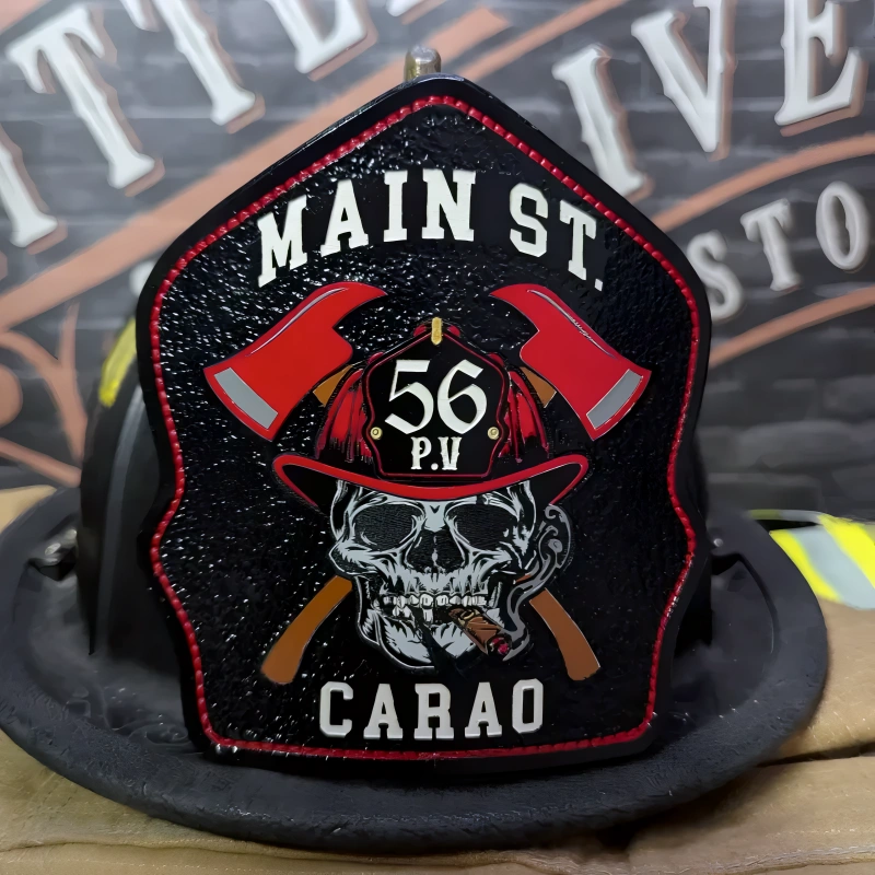 Durable leather firefighter helmet shield styled in Ole Salty format for department pride