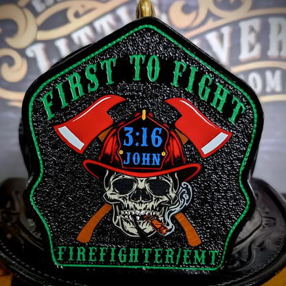 Leather firefighter helmet shield showing Ole Salty design handcrafted for station use