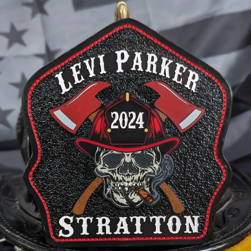 Premium leather firefighter helmet shield customized in Ole Salty fire service layout