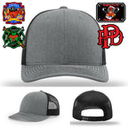 Bold firefighter hat design with Paramus Fire leather patch