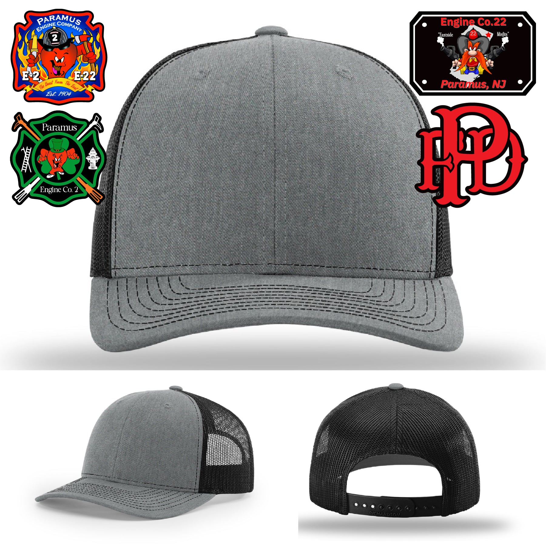 Bold firefighter hat design with Paramus Fire leather patch