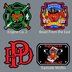 Paramus Fire Department four custom leather patch designs Eastside Misfits, PFD Scramble, Beast from the East, and Engine Co. 2