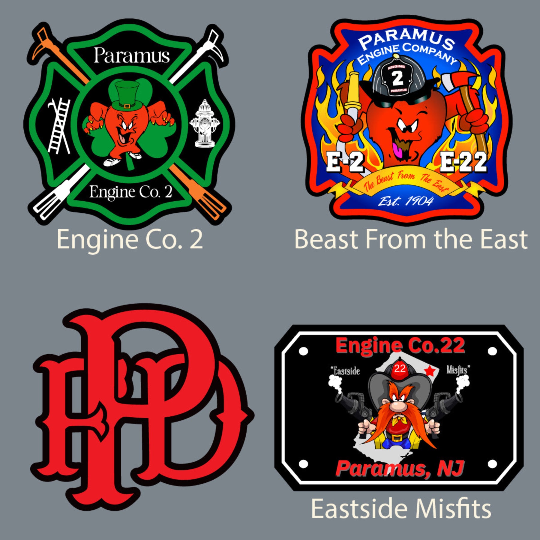 Paramus Fire Department four custom leather patch designs Eastside Misfits, PFD Scramble, Beast from the East, and Engine Co. 2