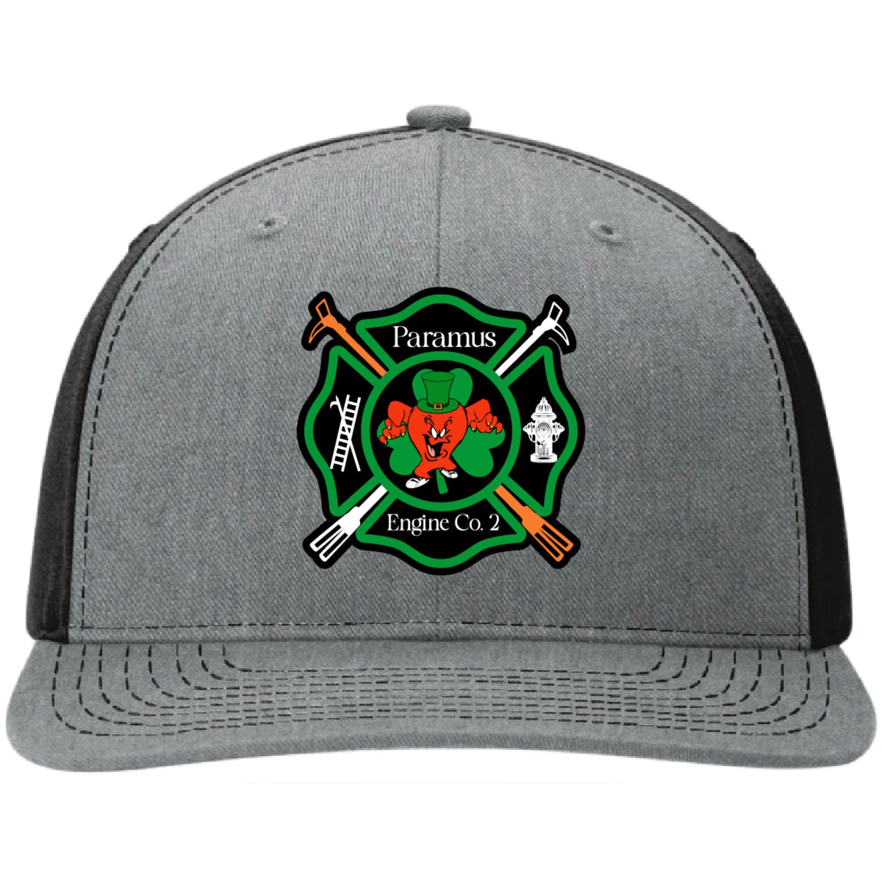 Custom Paramus FD firefighter hat with detailed leather patch