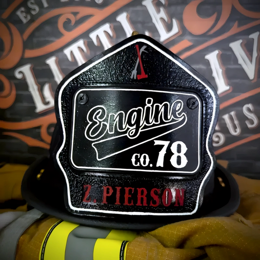 Passport custom leather firefighter helmet shield with Engine Company 78 design, black background, and Pierson nameplate.
