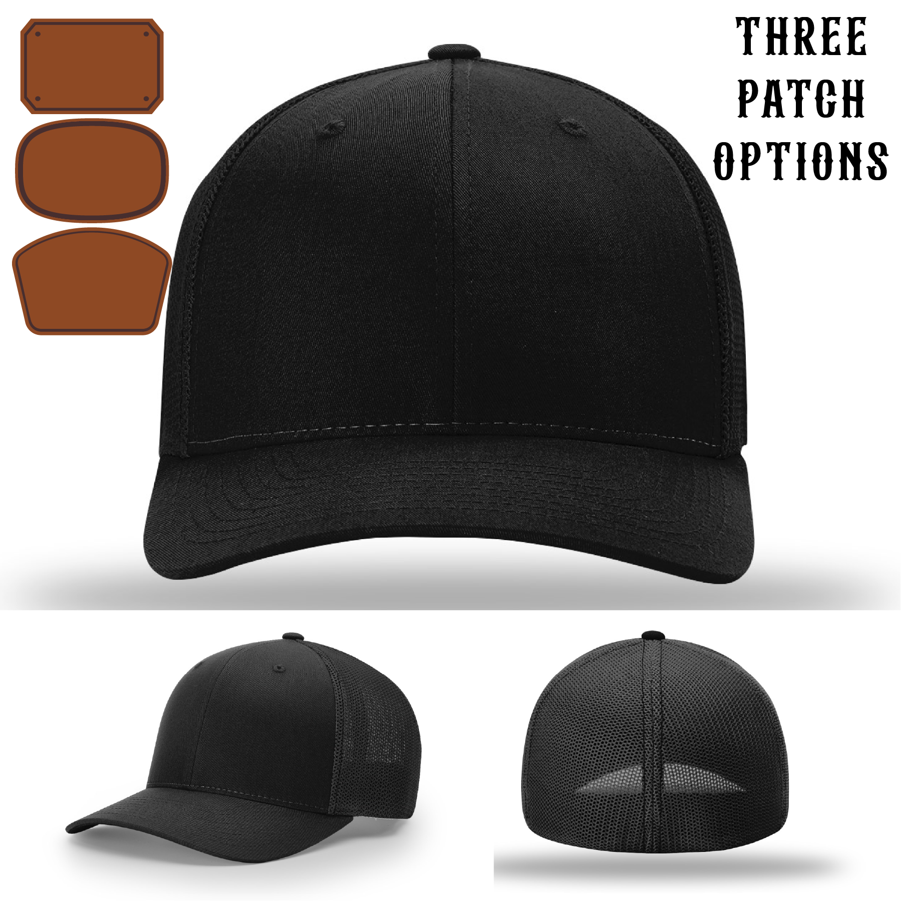 Custom firefighter hat with three passport leather patch samples
