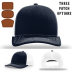 Firefighter hat displayed with three passport leather patches