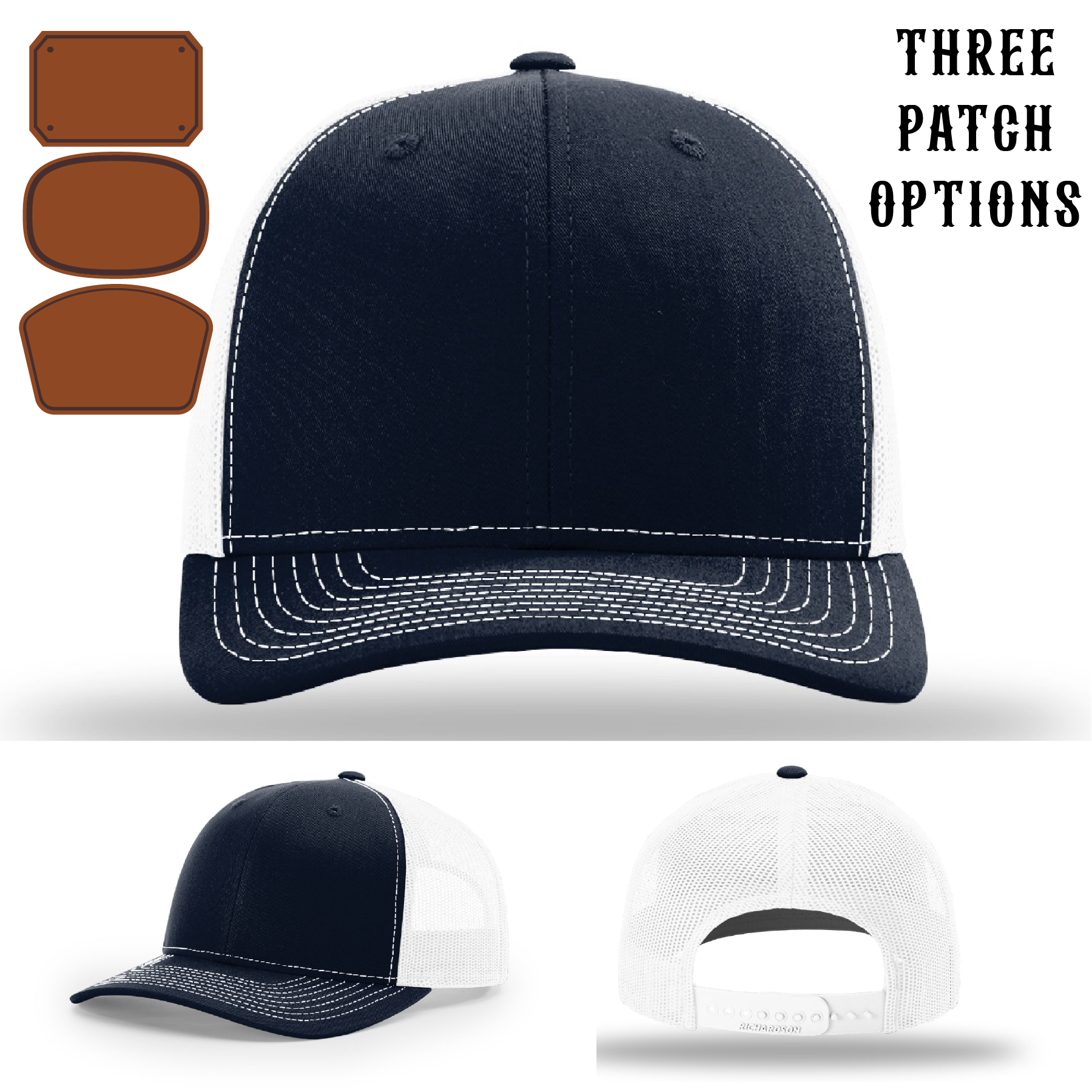 Firefighter hat displayed with three passport leather patches