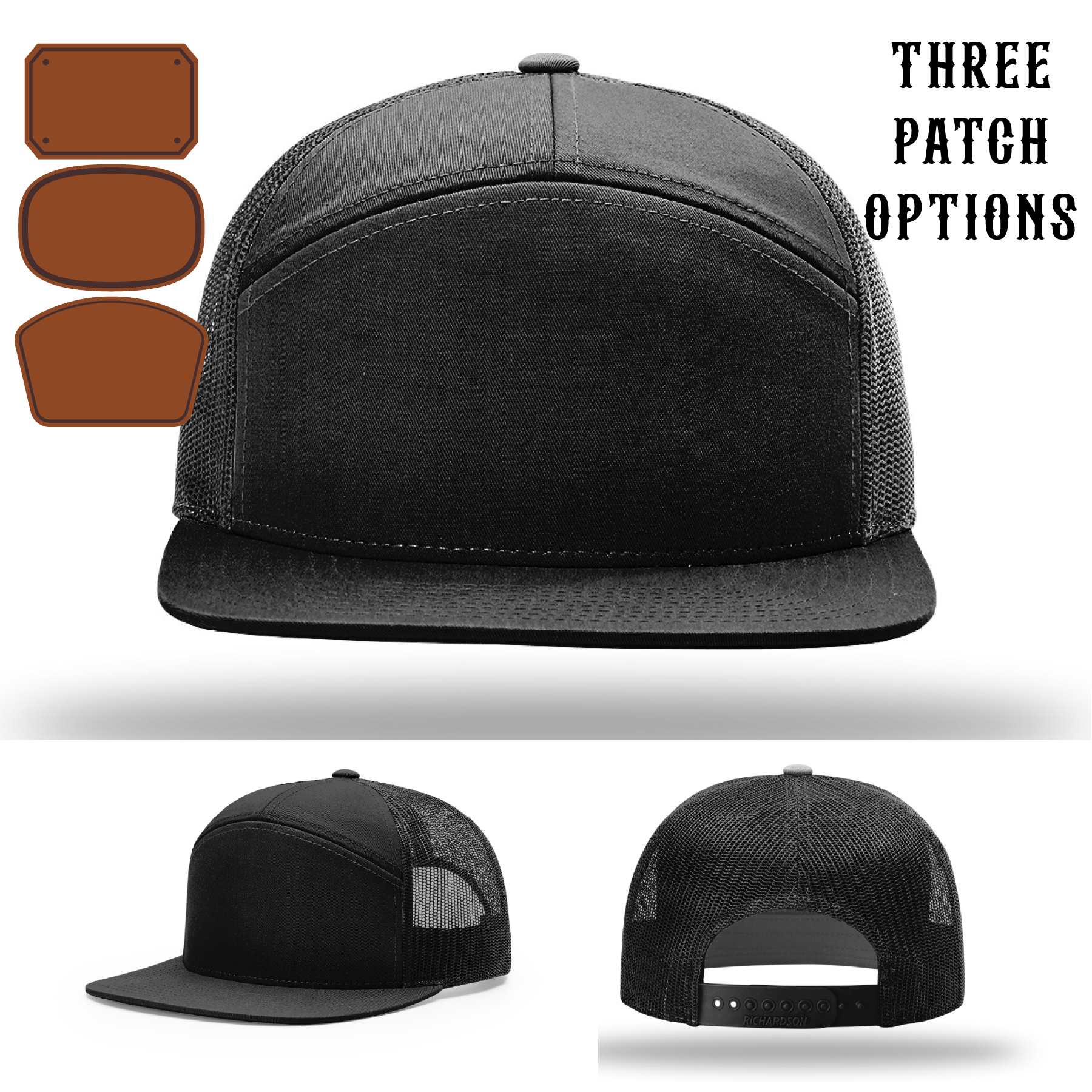 Station hat displayed with three passport style patch examples