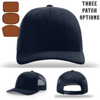 Firefighter hat displayed with three passport style patches