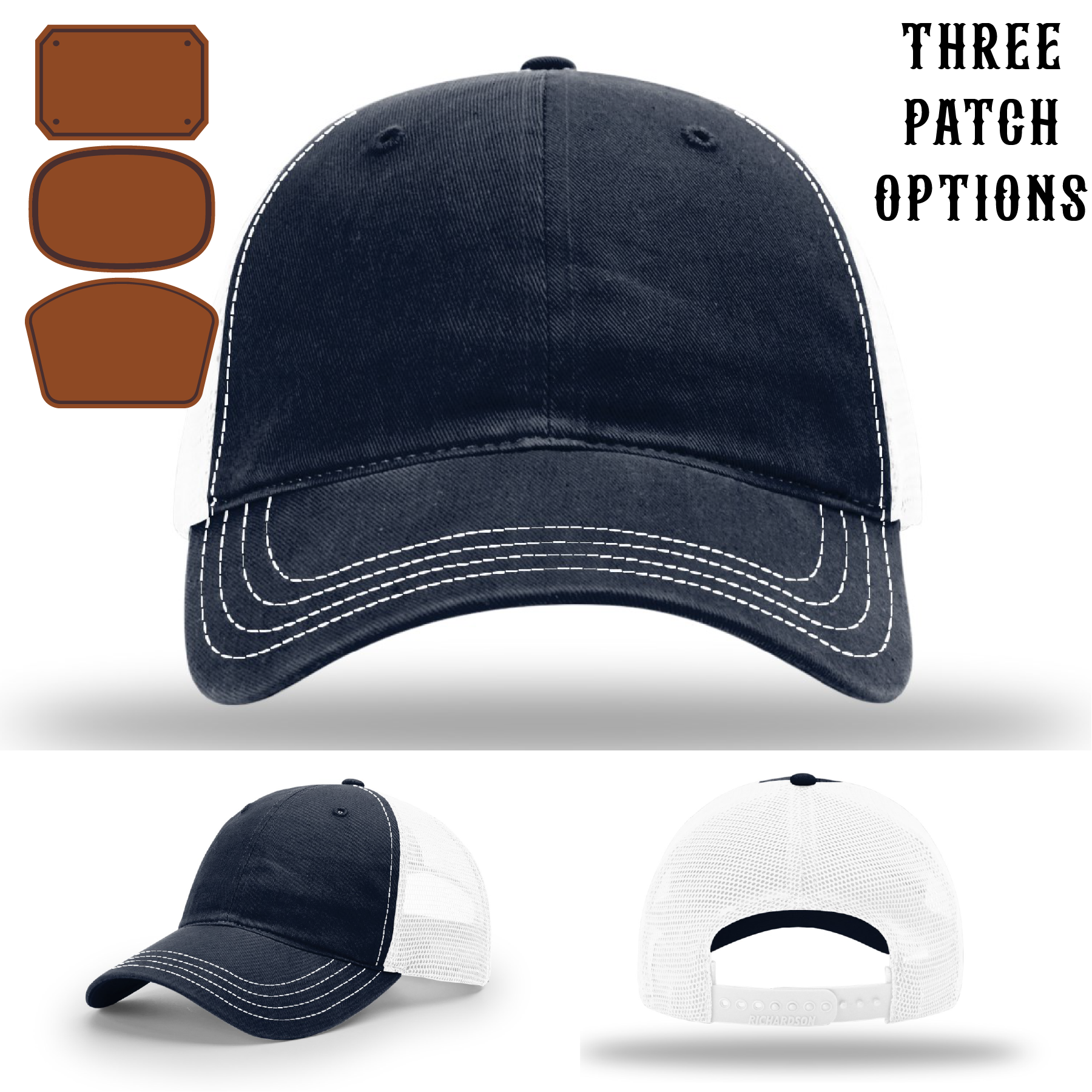 Firefighter hat with three different passport patch examples