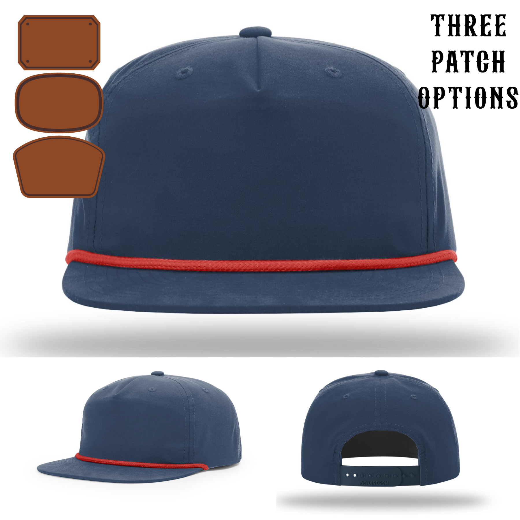 Custom firefighter hat displayed with three passport leather patches