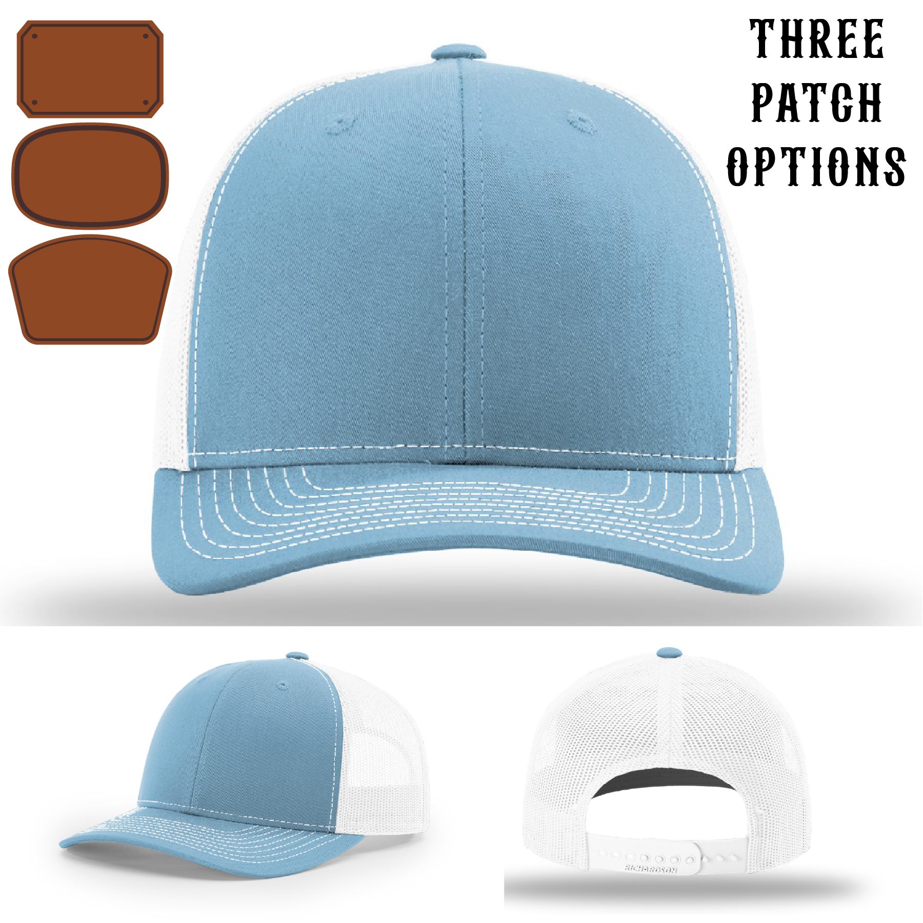 Station hat with three custom passport patch samples