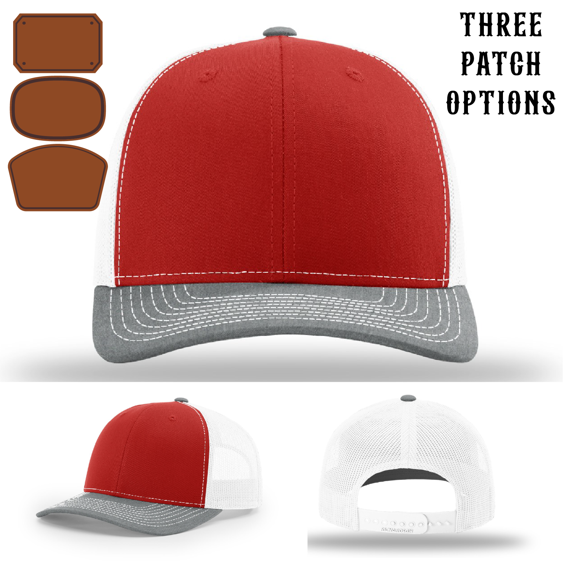 Firefighter hat displayed with three passport leather patch examples