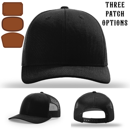 Front view firefighter hat with three passport leather patch shape examples