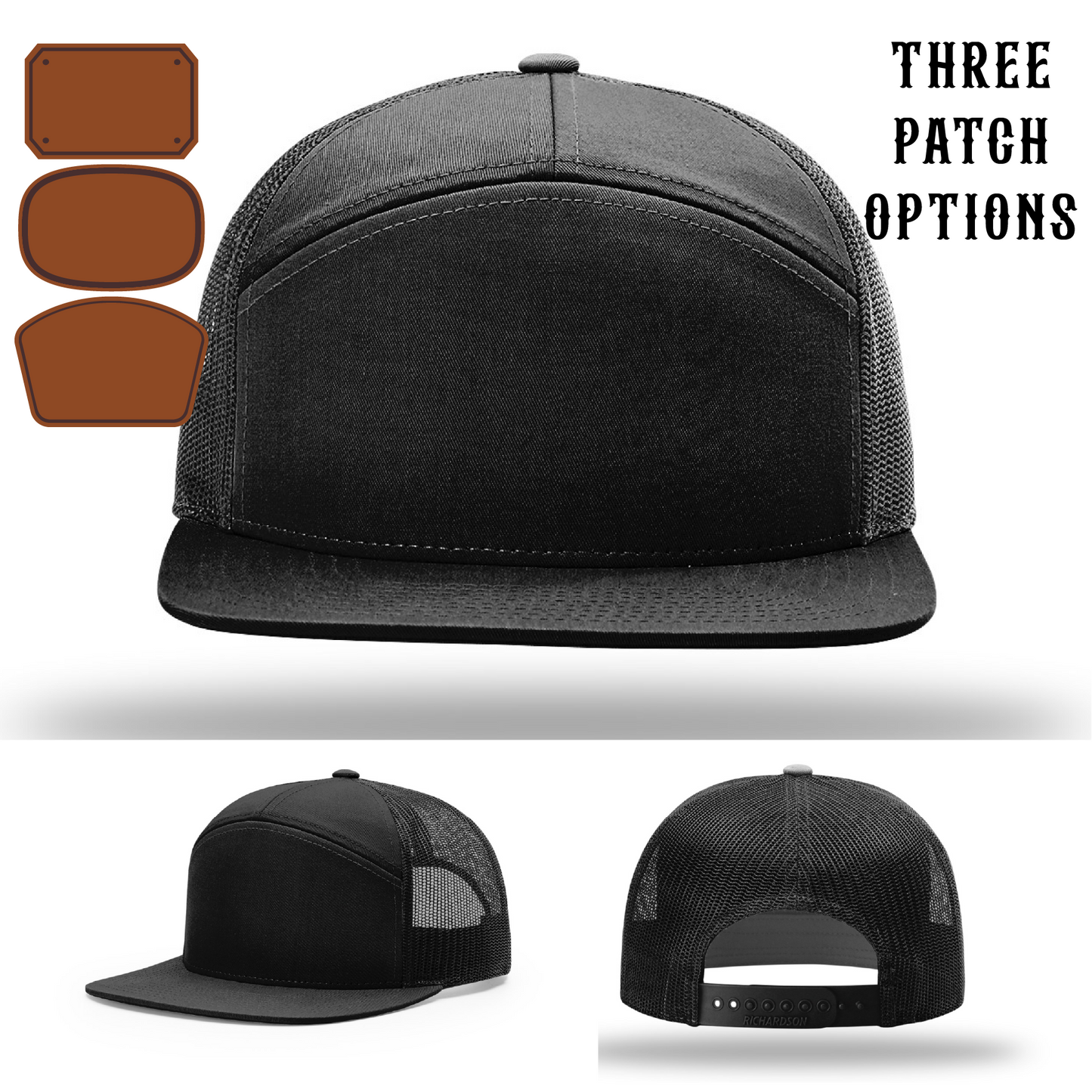 Custom firefighter hat with three different passport leather patch layouts