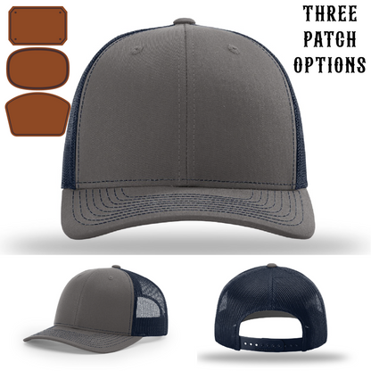 Firefighter hat showing three front facing passport leather patch designs