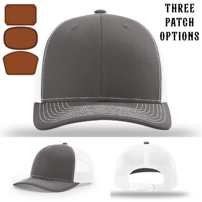 Custom fire service hat with three passport patch variations front view