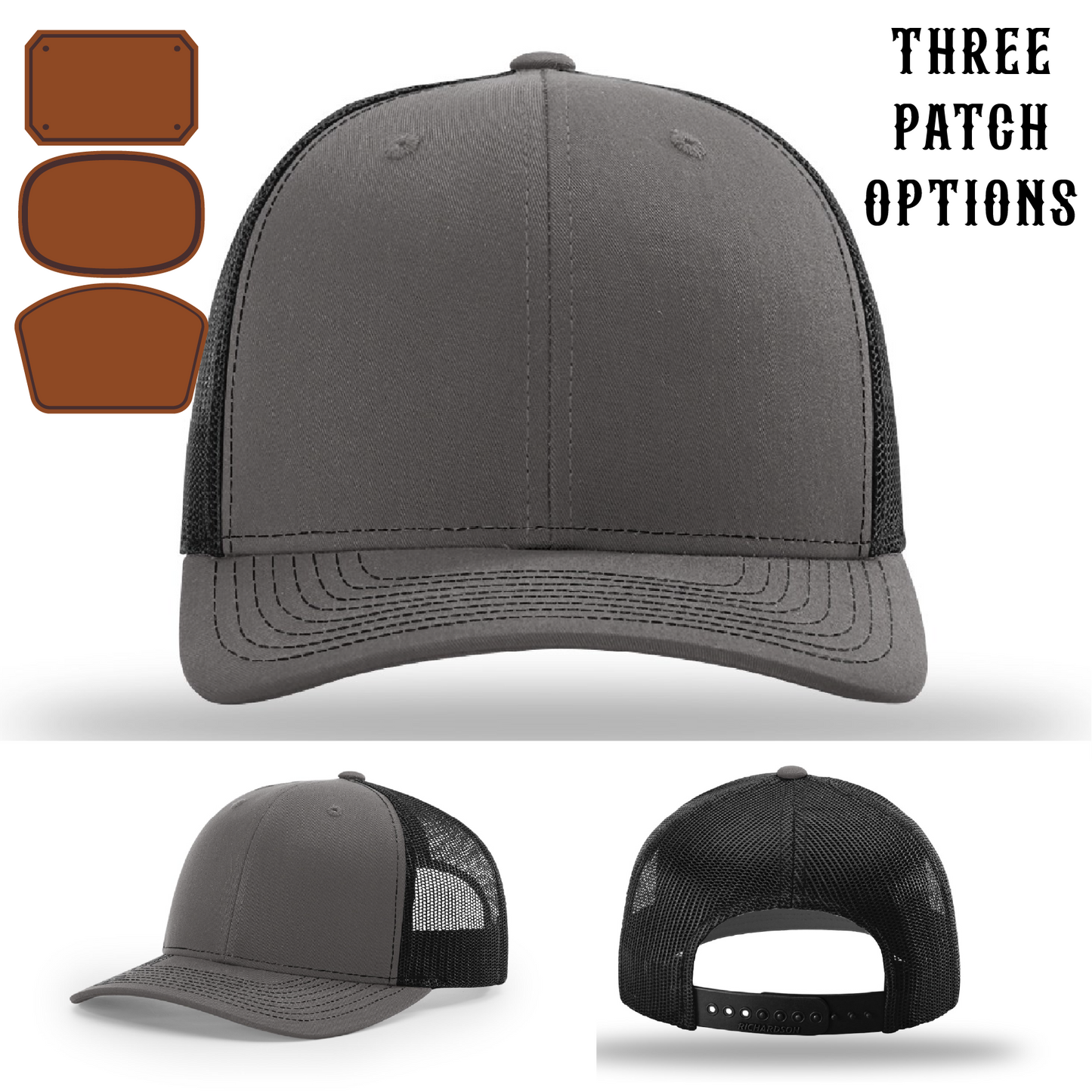 Hat front view with three different firefighter passport patch styles