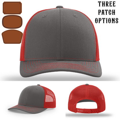 Firefighter hat showing three passport leather patch examples front facing