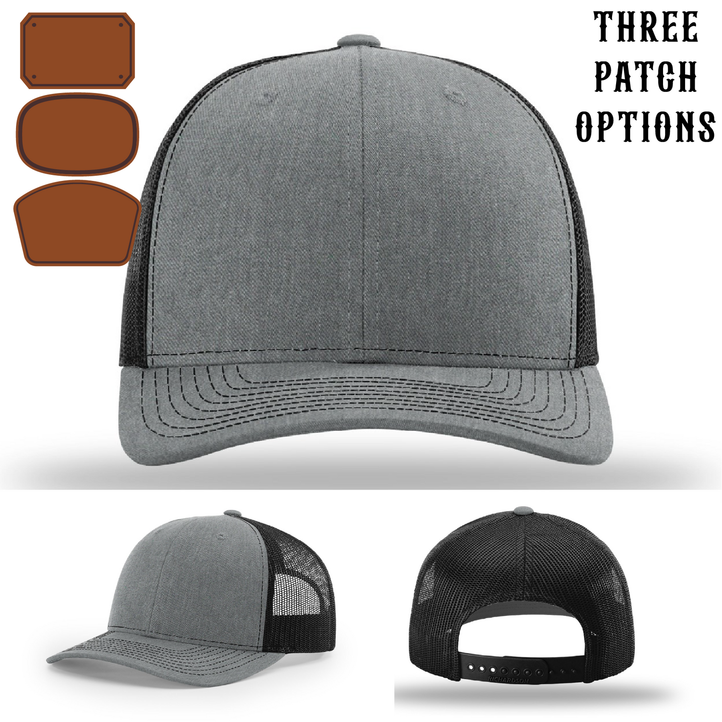 Firefighter apparel hat showing three passport leather patch variations