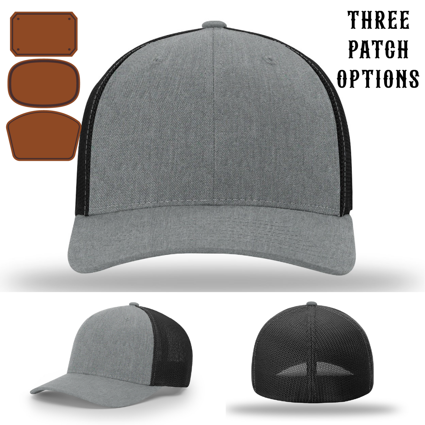 Front view hat with three bold firefighter passport leather patch shapes