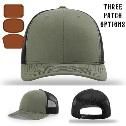 Firefighter identity hat showing three passport patch layouts on front