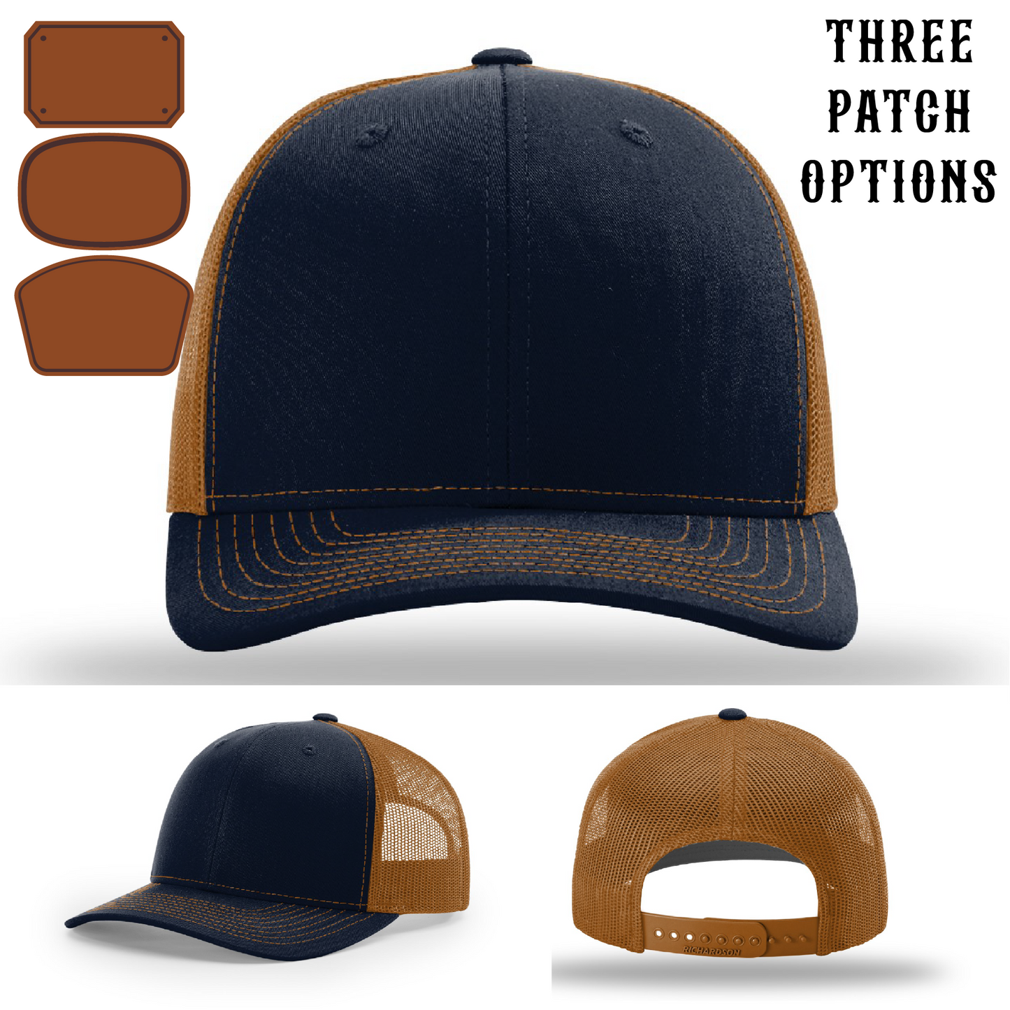 Front facing firefighter hat with three passport patch style variations