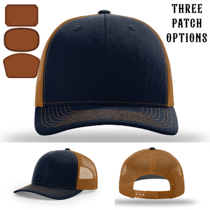 Front facing firefighter hat with three passport patch style variations