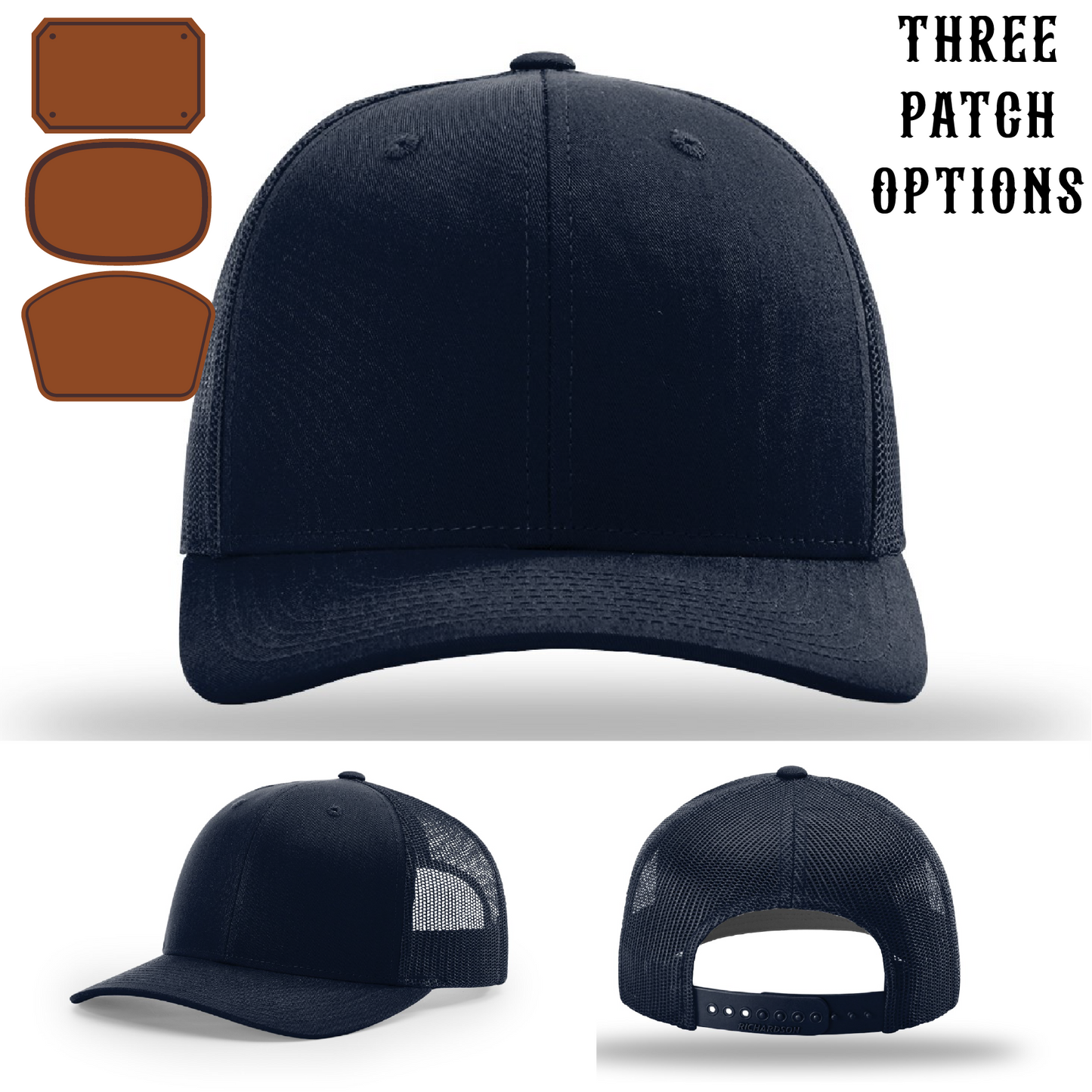 Firefighter station hat front view with three passport leather patches