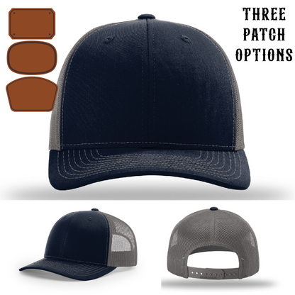 Fire service hat front shot with three passport patch examples