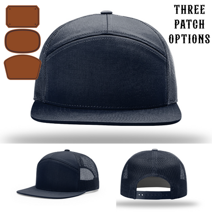 Rugged firefighter hat front view showing three passport patch options