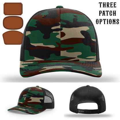 Custom firefighter hat showing triple passport patch designs front view
