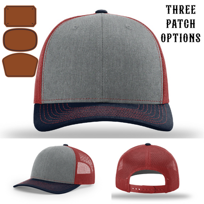 Station apparel hat front facing with three passport leather patches