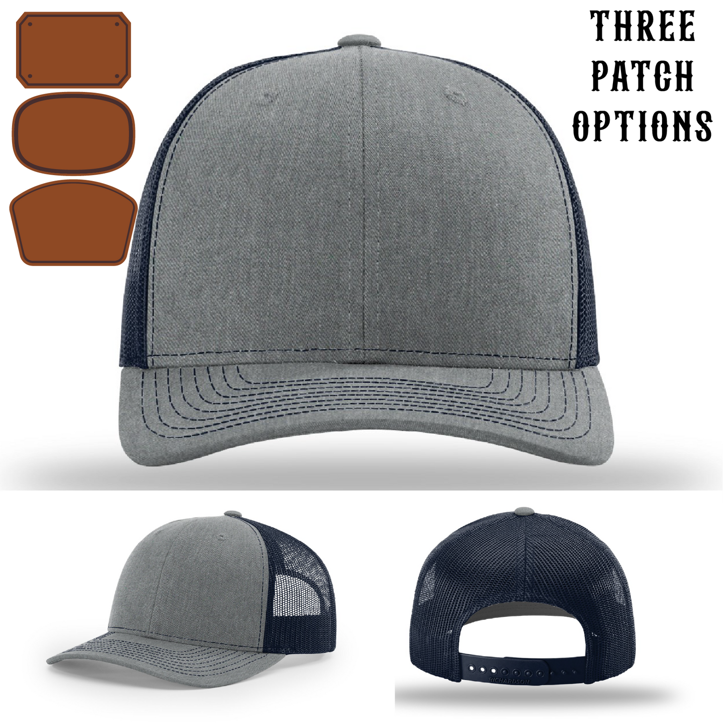 Firehouse hat with three different passport patch layouts front view