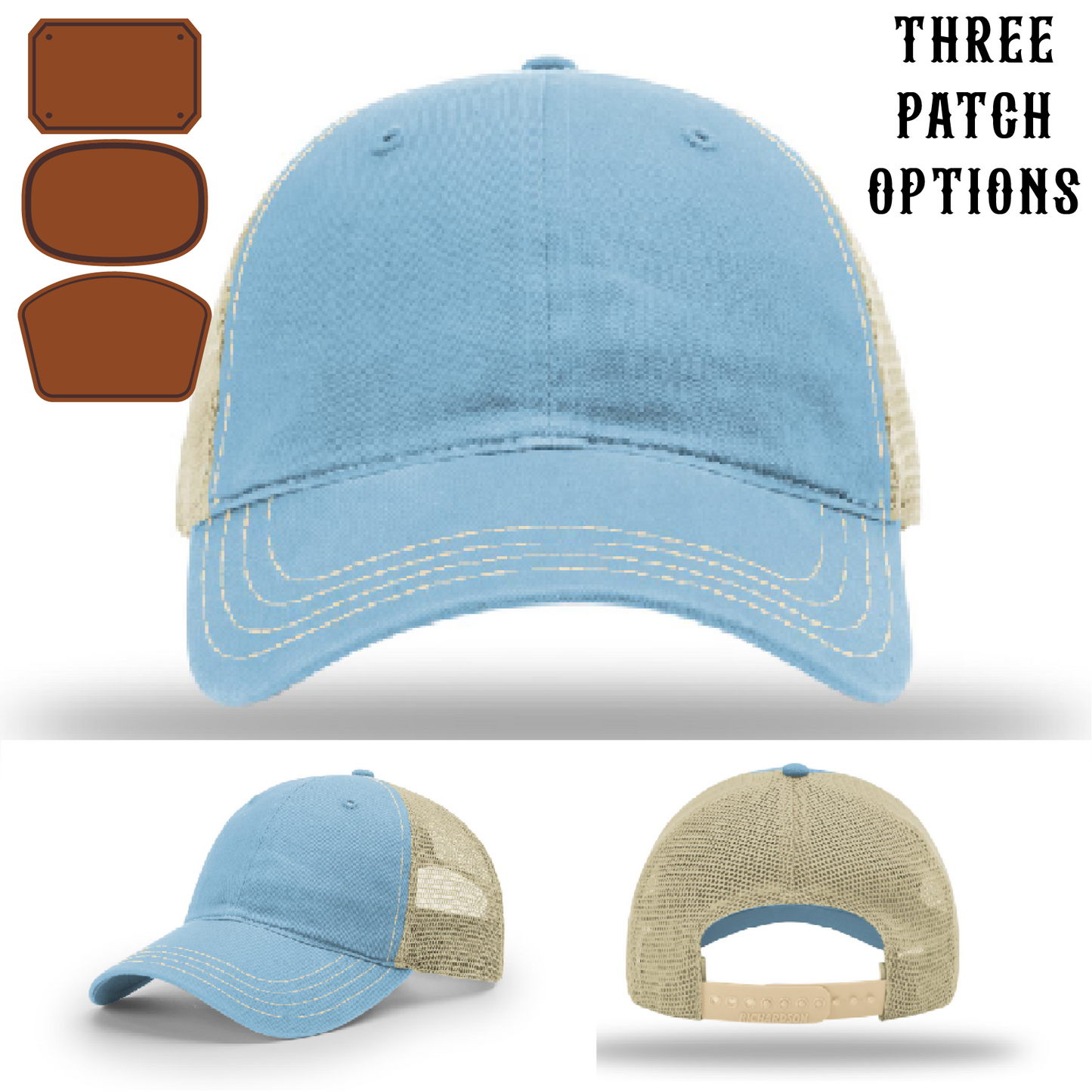 Rugged firefighter hat with three passport leather patch variations