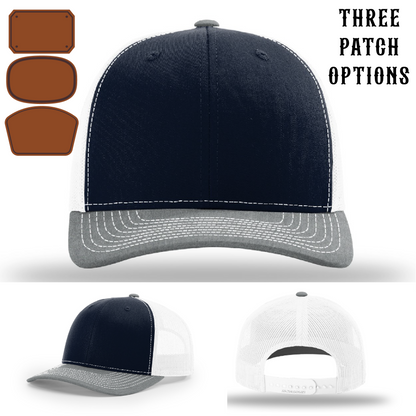 Rugged firefighter hat with three passport patch designs front view