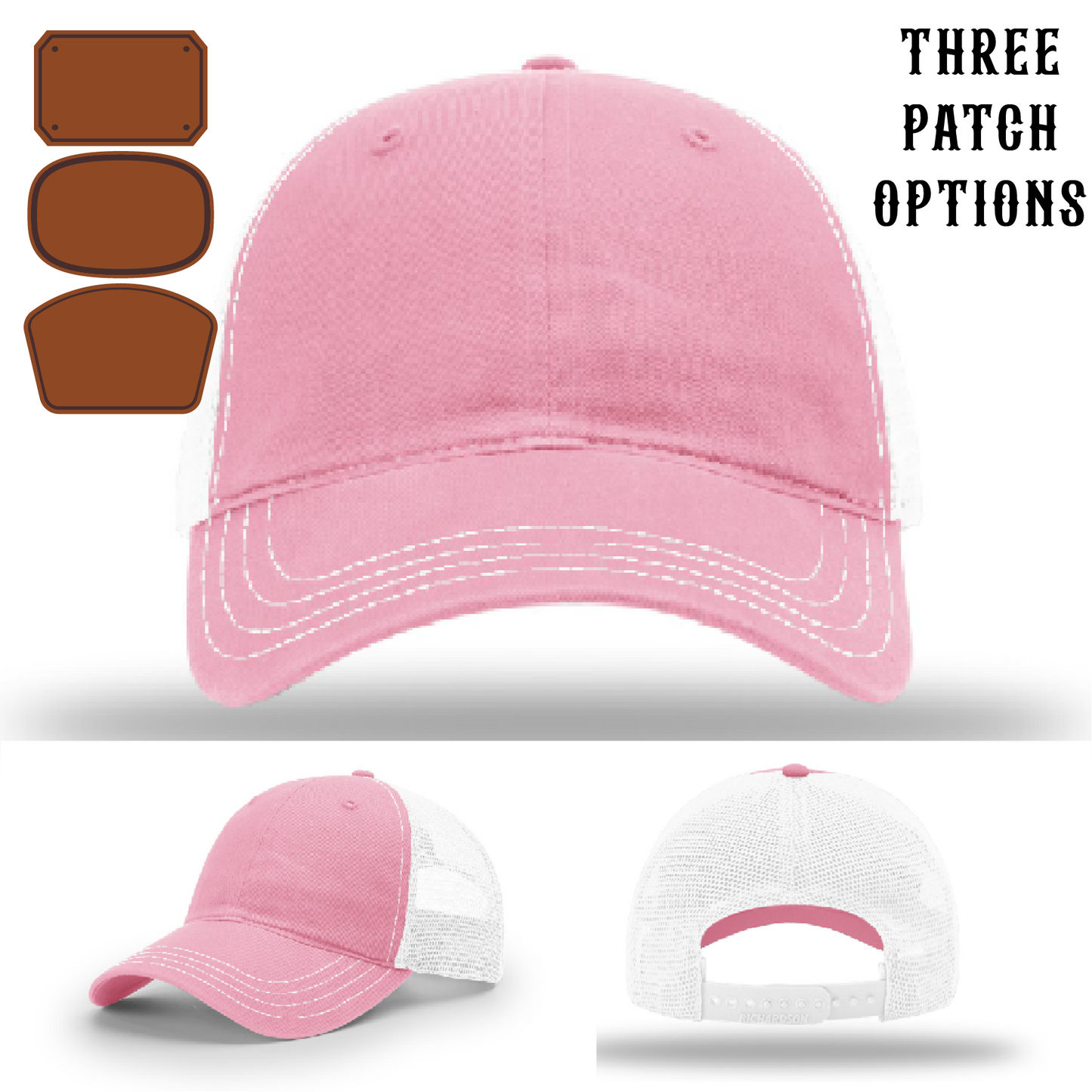 Custom fire gear hat with three passport patch shape examples